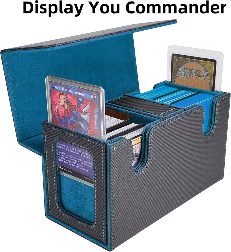 AFIING MTG Commander Card Storage Box - Fits 200 Double Sleeved Cards,3-in-1Card Deck Case,Strong Magnet Card Organizer For Magic Commander TCG CCG,4Dividers &2 Toploaders, Black/Cyan - Image 2